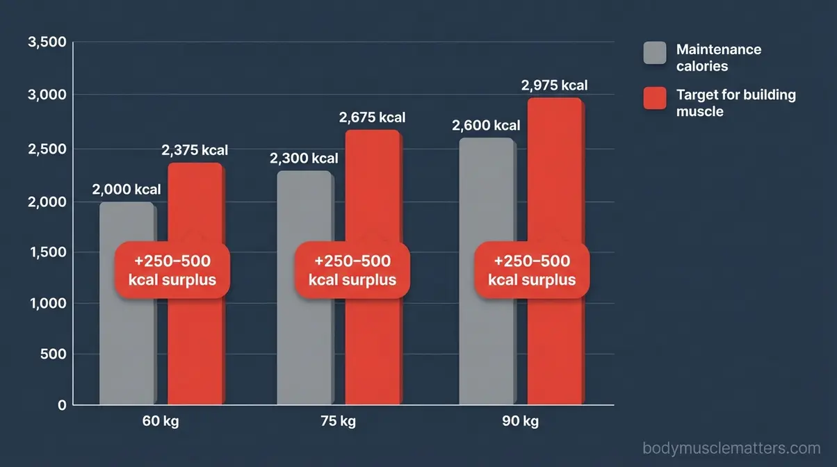 Bar chart showing calorie surplus targets for muscle building at different body weights for beginner lifters