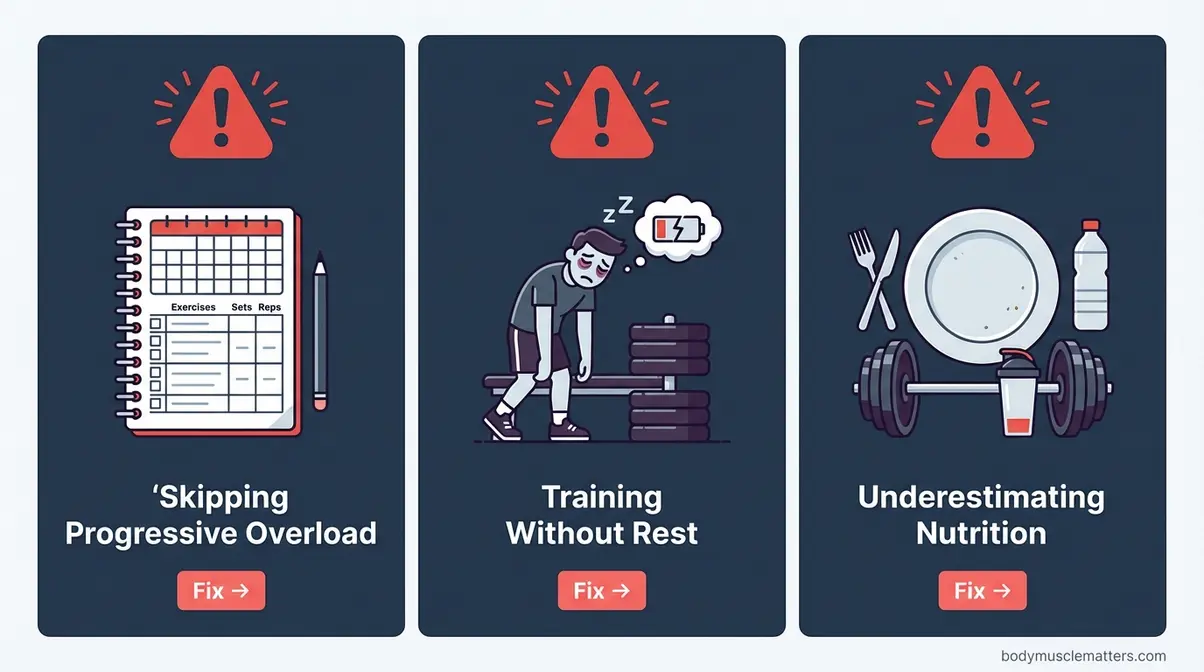 Three common beginner gym mistakes infographic showing skipping progressive overload, training without rest, and poor nutrition