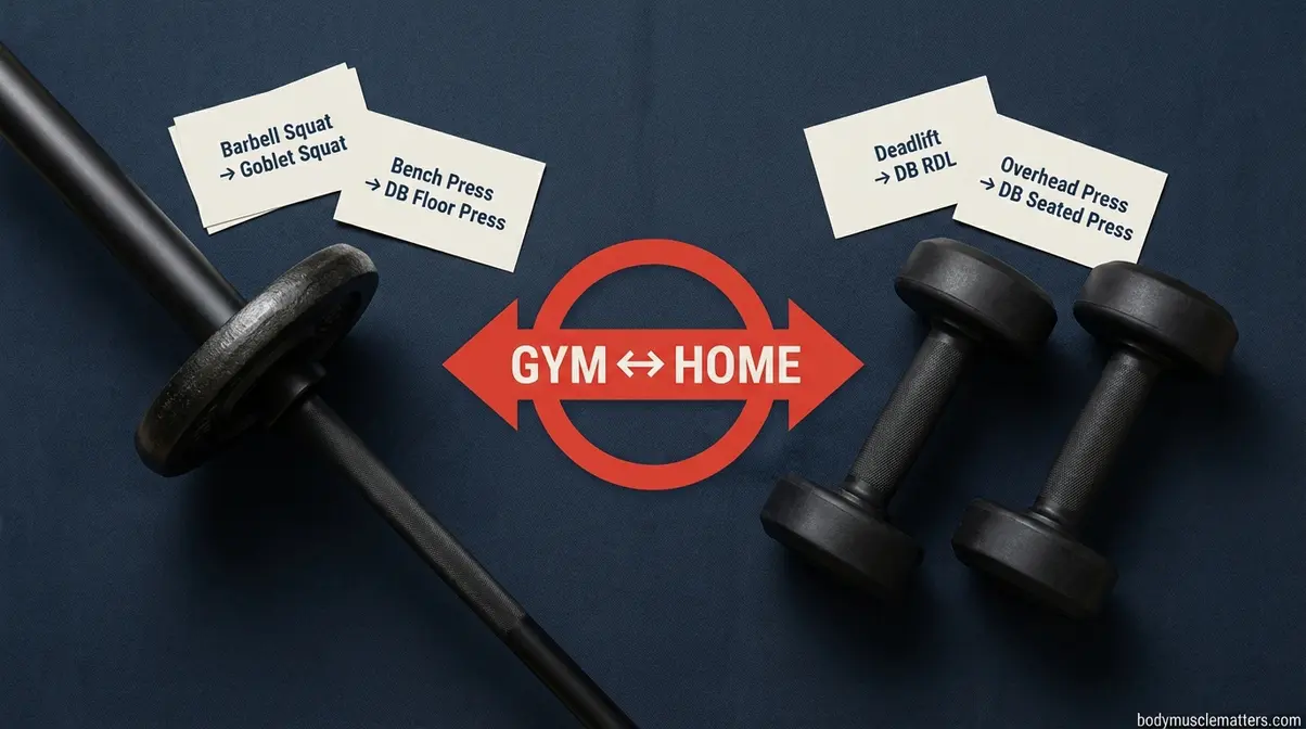 Barbell and dumbbell side by side showing gym to home exercise substitutions for the beginner muscle building programme