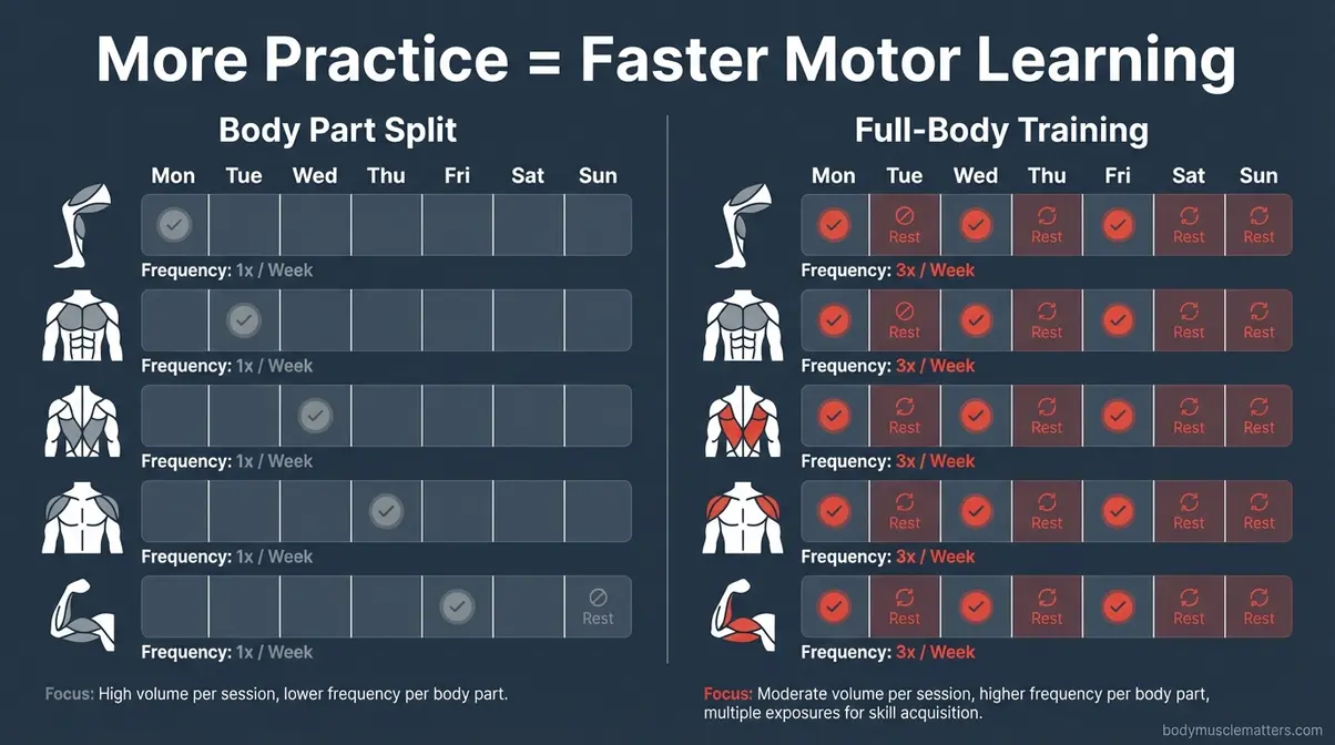 Comparison chart showing how full-body training trains each muscle group three times more often than a body part split