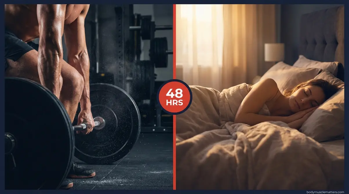 Split image contrasting gym training and sleep recovery showing the 48-hour muscle growth process