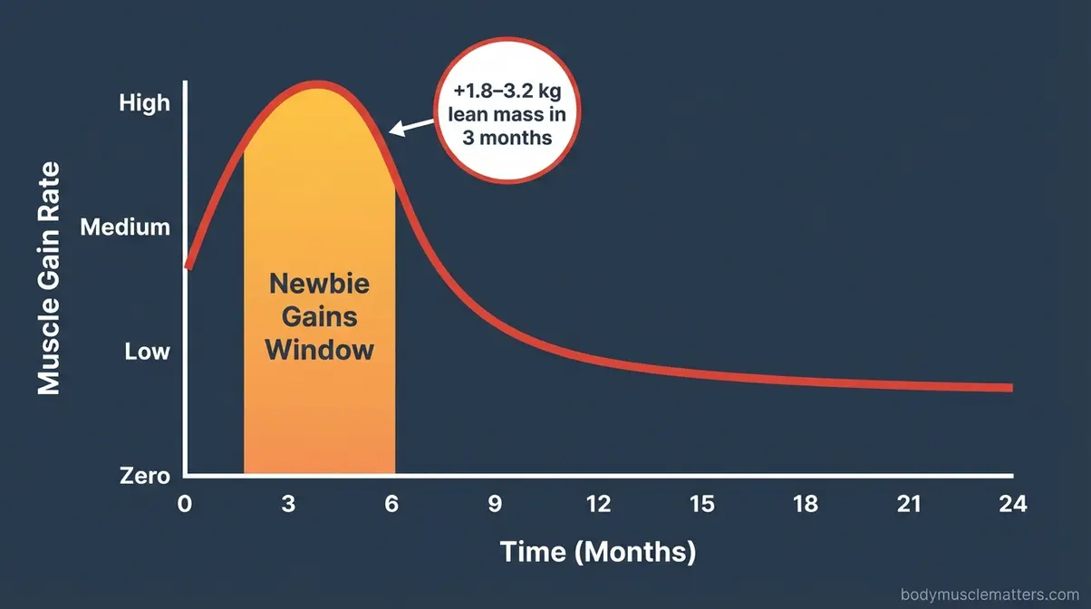 Graph showing the Newbie Gains Window peak muscle growth rate for beginners in the first six months of training