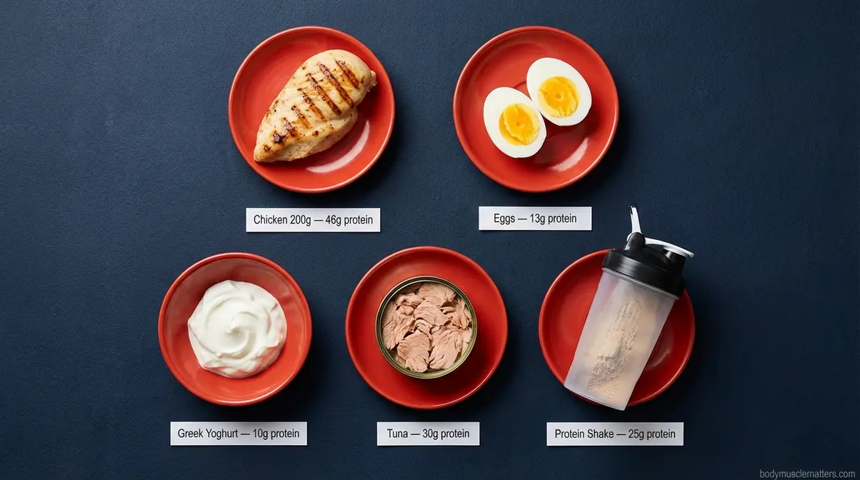 High-protein foods for beginner muscle building nutrition including chicken, eggs, tuna, yoghurt, and protein shake