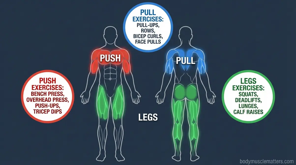 Body anatomy diagram highlighting push pull and legs muscle groups for the PPL split training programme