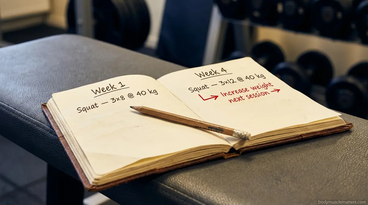 Training log notebook showing progressive overload tracking for beginner muscle building programme