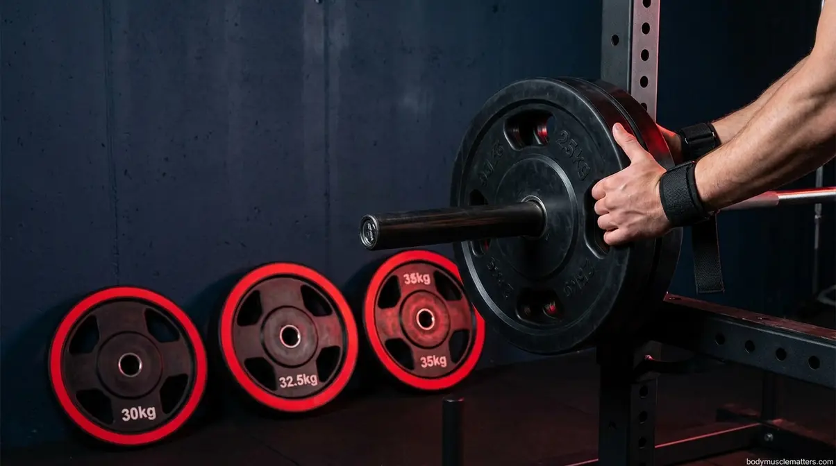 Barbell being loaded with progressively heavier weight plates illustrating the progressive overload principle