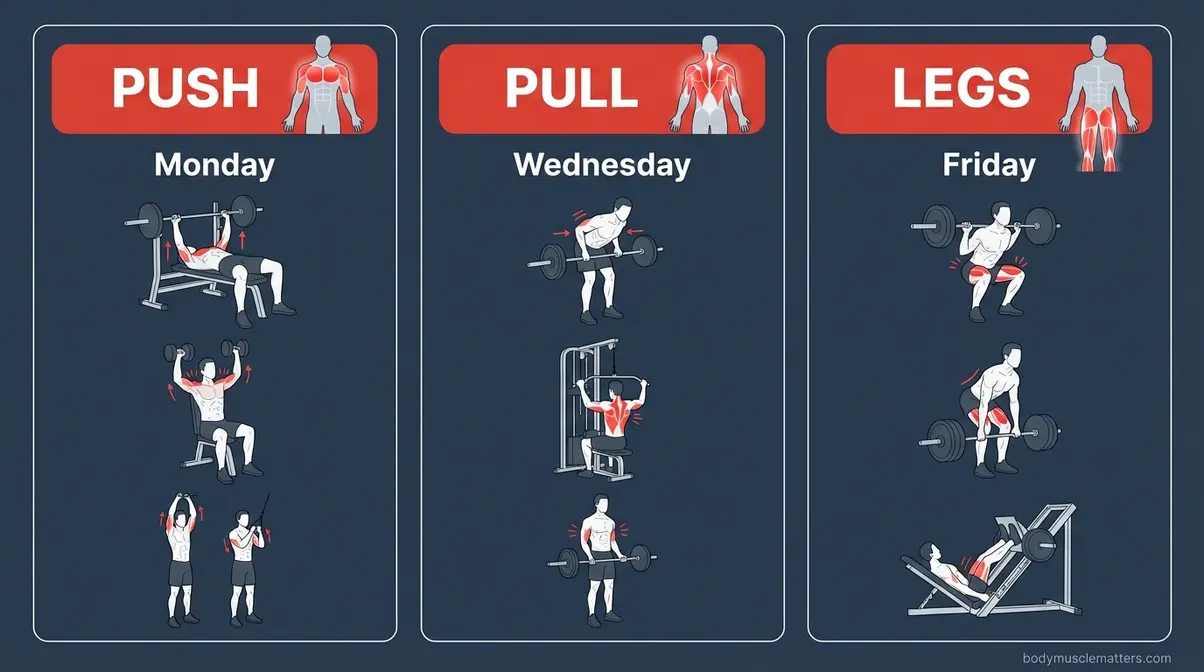 Push pull legs split diagram showing muscle groups trained on each of the three training days for beginners