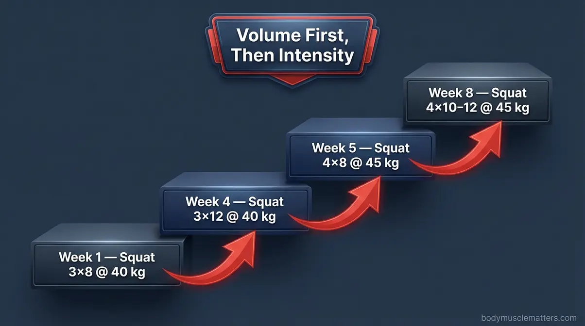 Step diagram showing beginner muscle building progression from Week 1 to Week 8 with increasing sets and weight