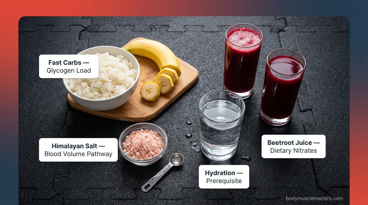 Natural muscle pump hacks showing banana, rice, Himalayan salt, beetroot juice, and water for pre-workout nutrition