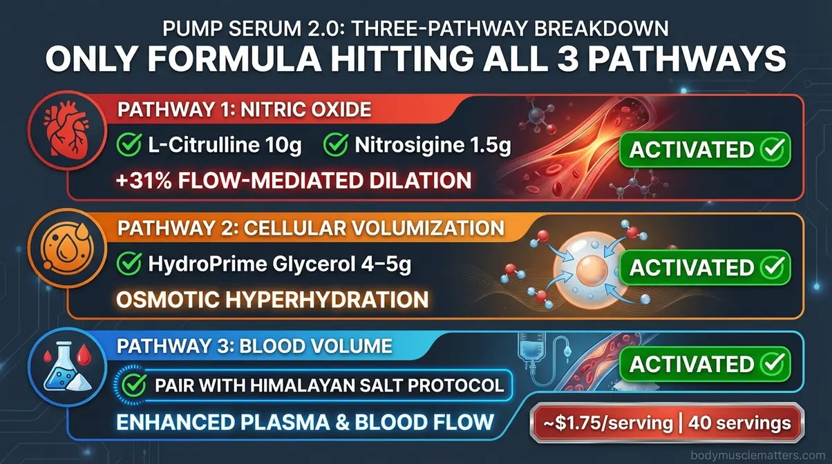 Huge Supplements Pump Serum infographic showing 10g L-Citrulline, 1.5g Nitrosigine, and 4g Glycerol per serving