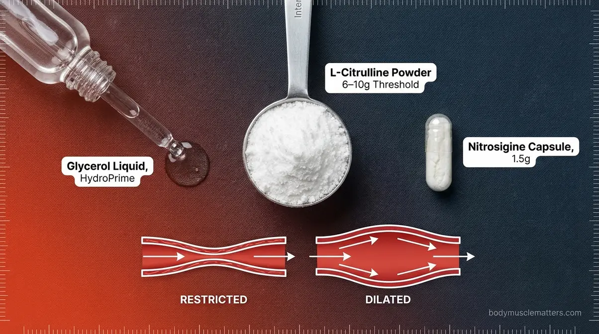 Key muscle pump supplement ingredients including L-Citrulline, Glycerol, and Nitrosigine with clinical dosing thresholds