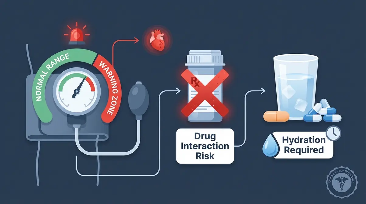 Muscle pump supplement safety infographic showing drug interaction risks, blood pressure monitoring, and hydration requirements