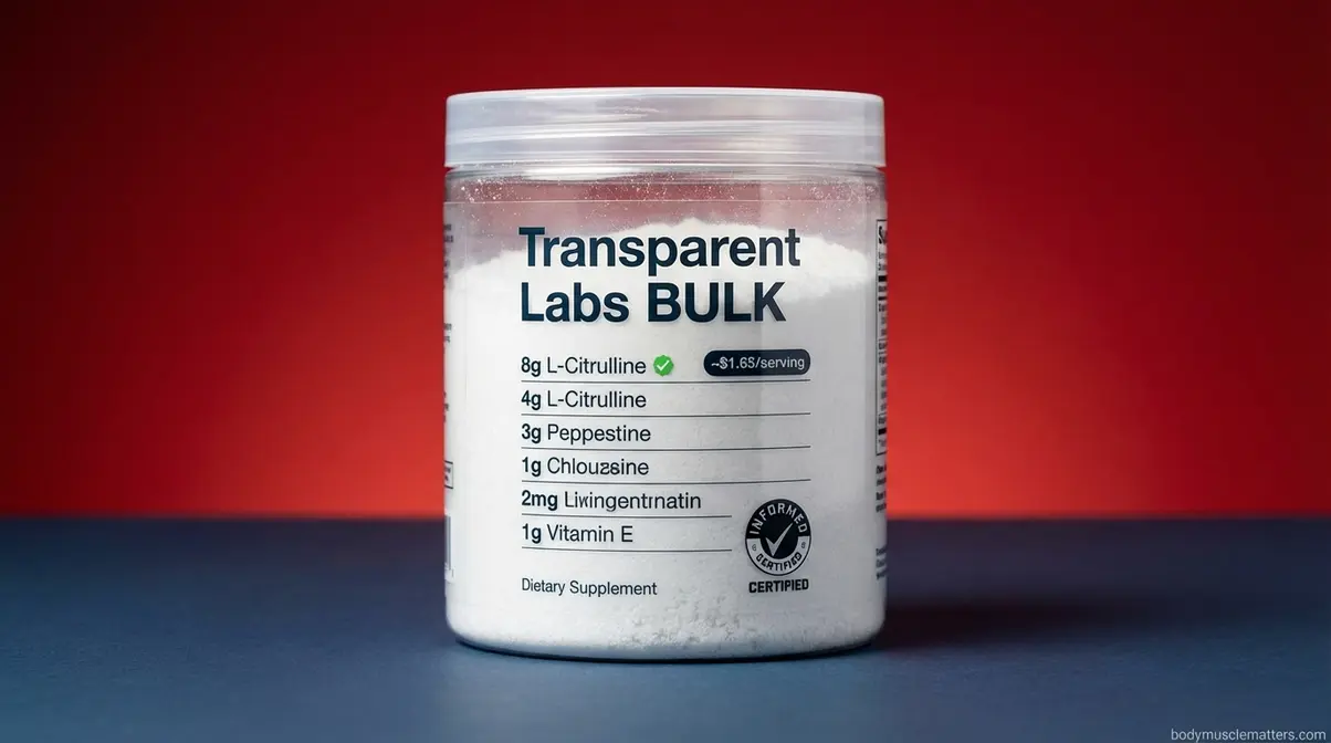 Transparent Labs BULK pre-workout supplement container with 8g L-Citrulline clinical dose and Informed Choice certification