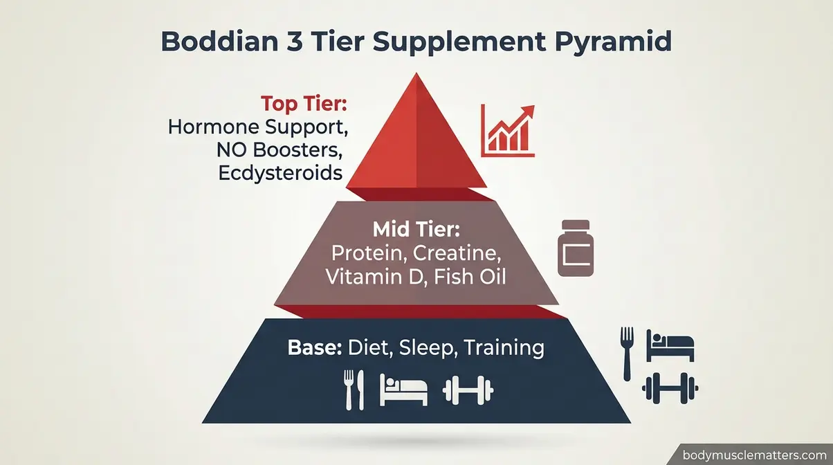 Natural Stack Pyramid diagram showing three tiers of bodybuilding supplement strategy