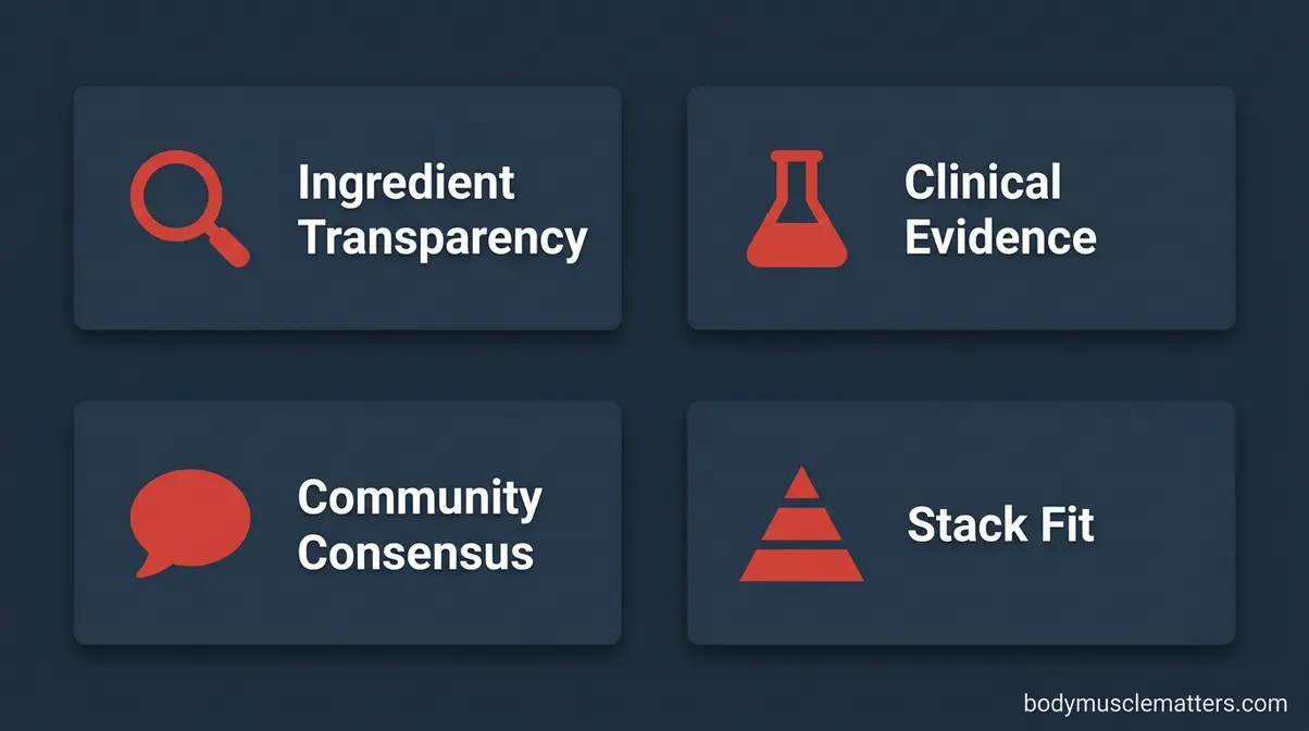 Four supplement evaluation criteria cards showing transparency, clinical evidence, community consensus, and stack fit