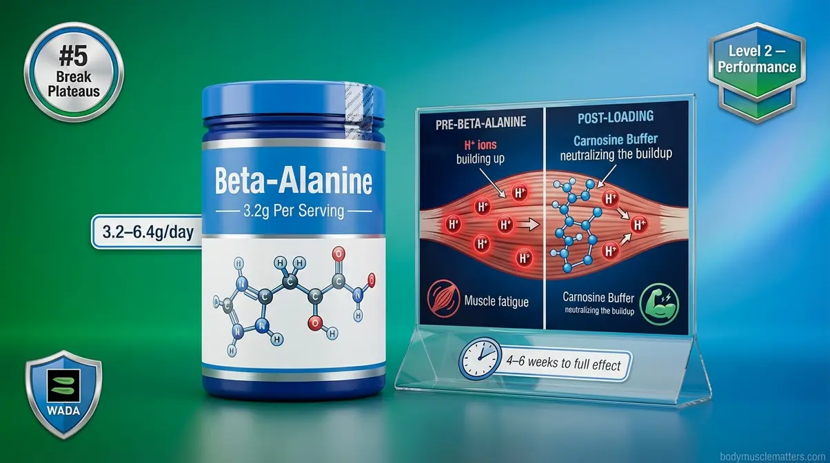 Beta-alanine supplement container with carnosine buffering mechanism illustration for muscle endurance