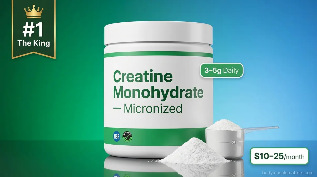 Creatine monohydrate supplement container with 3 to 5 gram daily dosing recommendation for natural bodybuilding