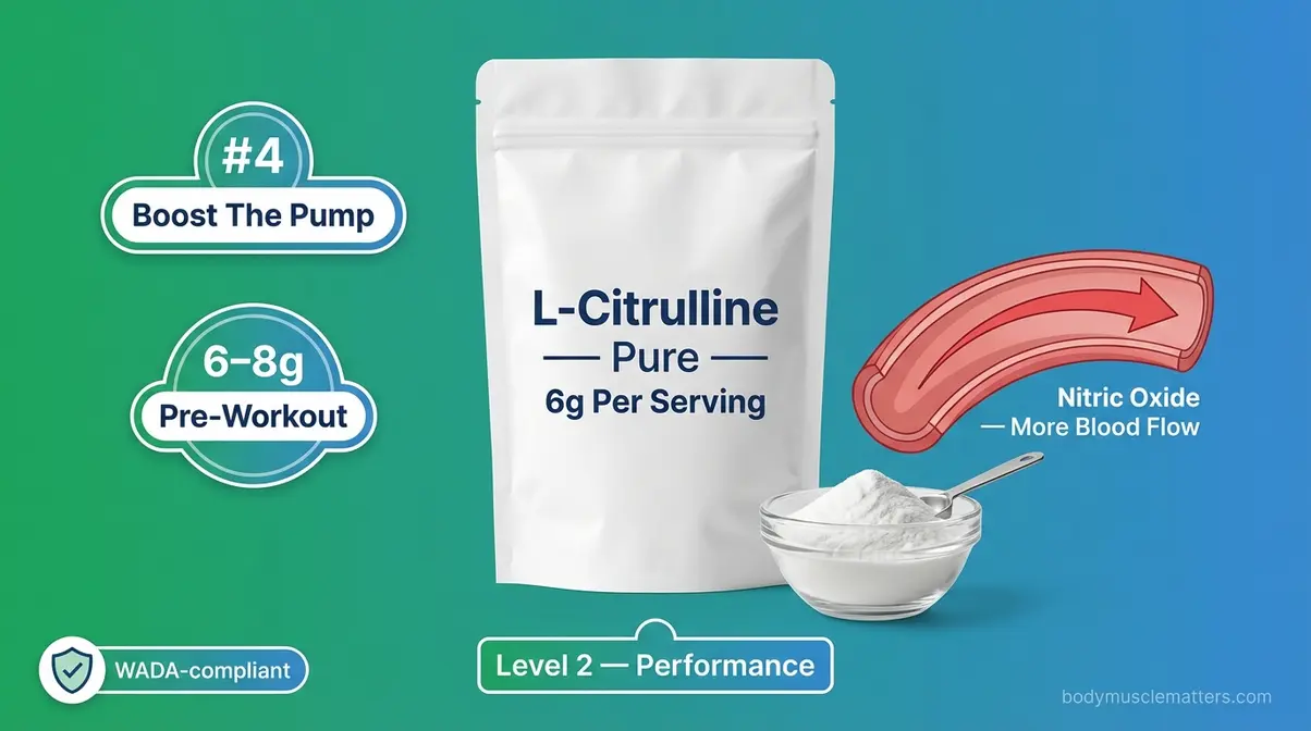 L-citrulline powder supplement with 6 gram pre-workout dosing for nitric oxide pump and blood flow
