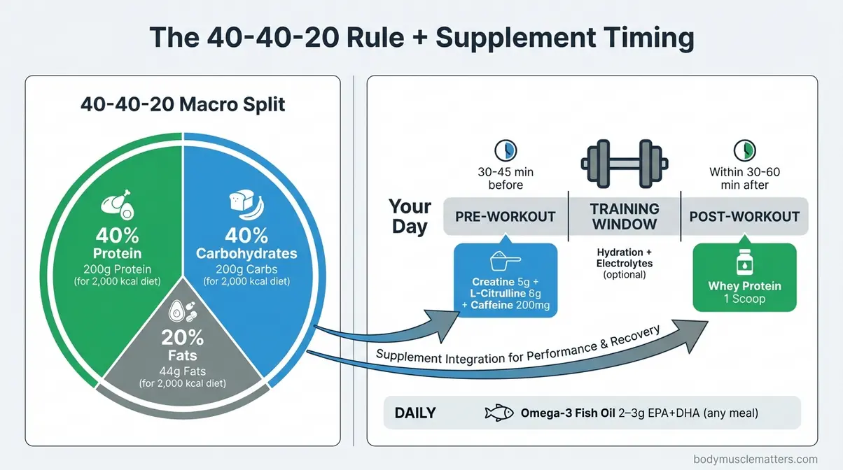 Diagram showing 40-40-20 macronutrient breakdown with supplement integration points for body recomposition