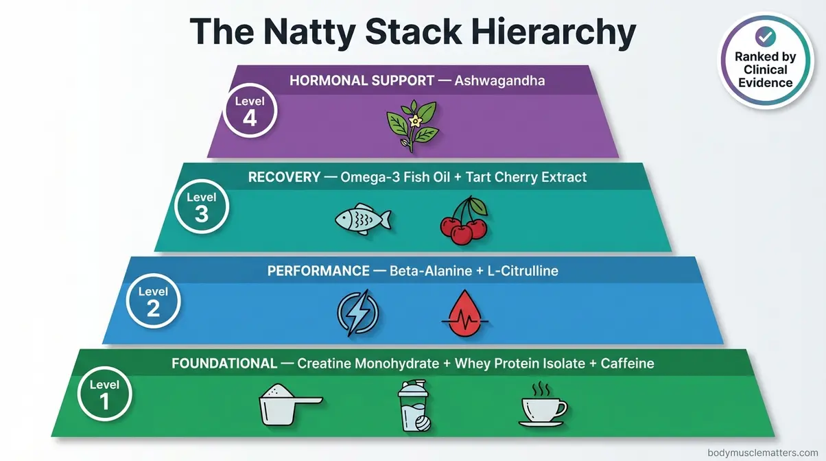 Four-tier pyramid showing best natural supplements for bodybuilding ranked by evidence and purpose