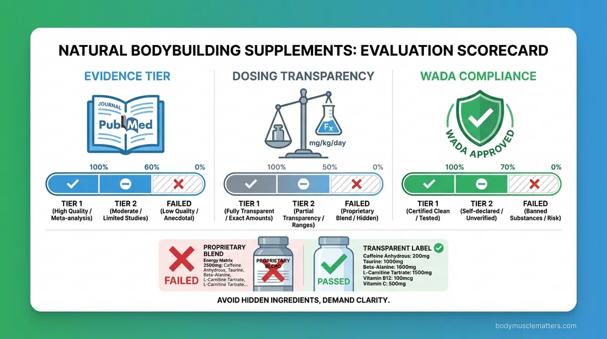 Three-criterion evaluation scorecard for natural bodybuilding supplements showing evidence tier, dosing transparency, and WADA compliance