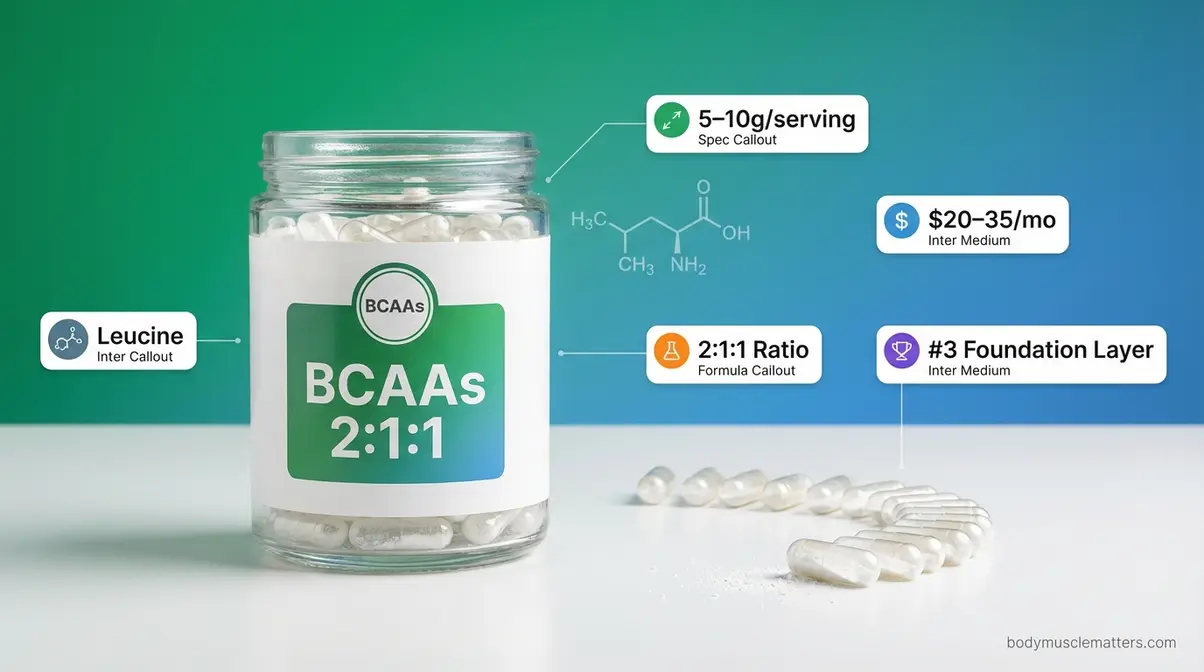 BCAA supplement capsules in 2:1:1 ratio for muscle protein synthesis and soreness reduction