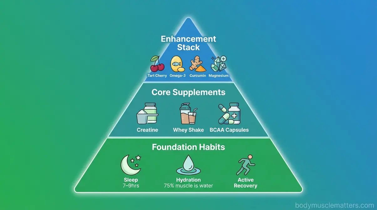 Recovery pyramid showing sleep and hydration as the base beneath natural muscle recovery supplement layers