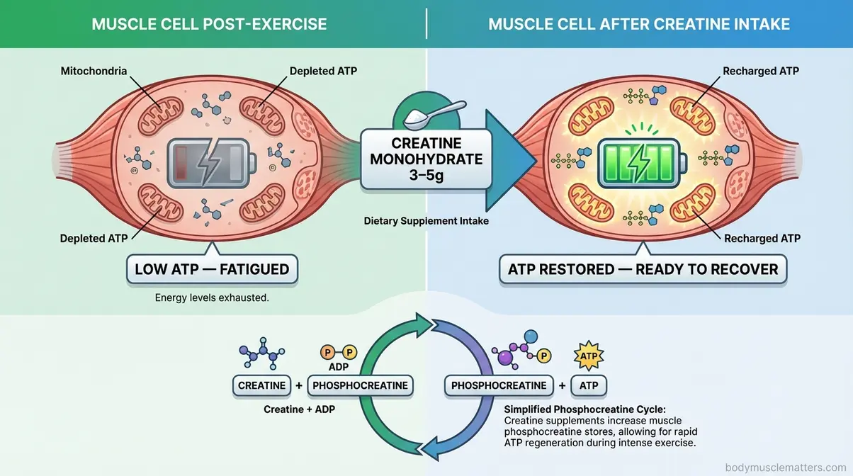 Diagram showing creatine monohydrate replenishing ATP in muscle cells after intense exercise for faster muscle recovery