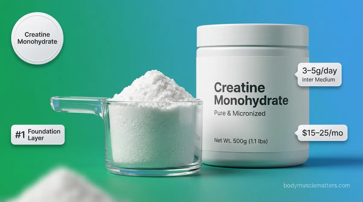 Creatine monohydrate supplement scoop and container for muscle recovery energy restoration