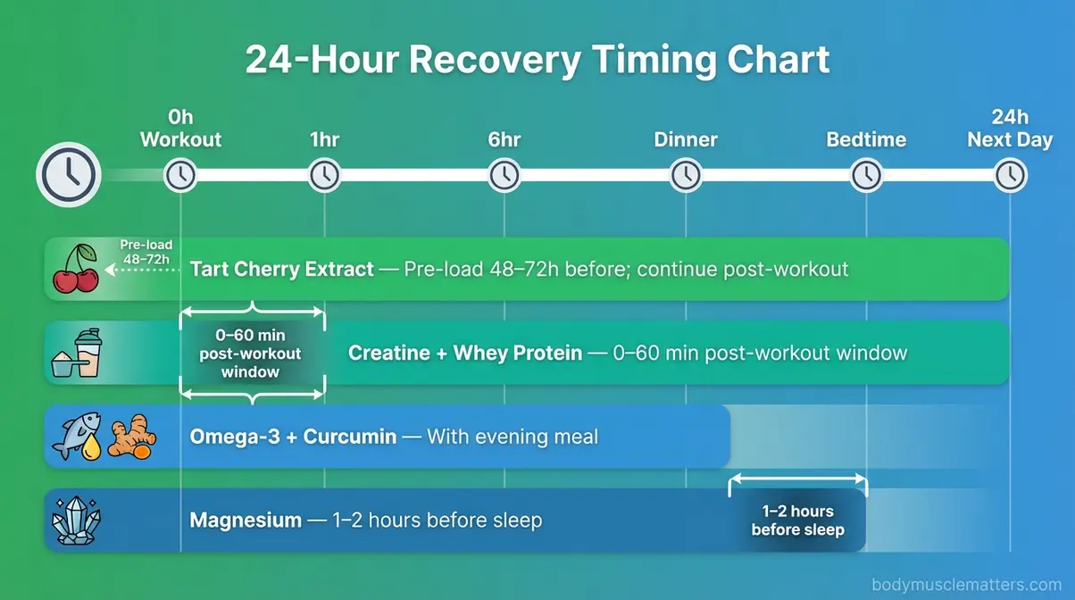 Timeline chart showing optimal supplement timing windows across 24 hours post-workout for natural muscle recovery