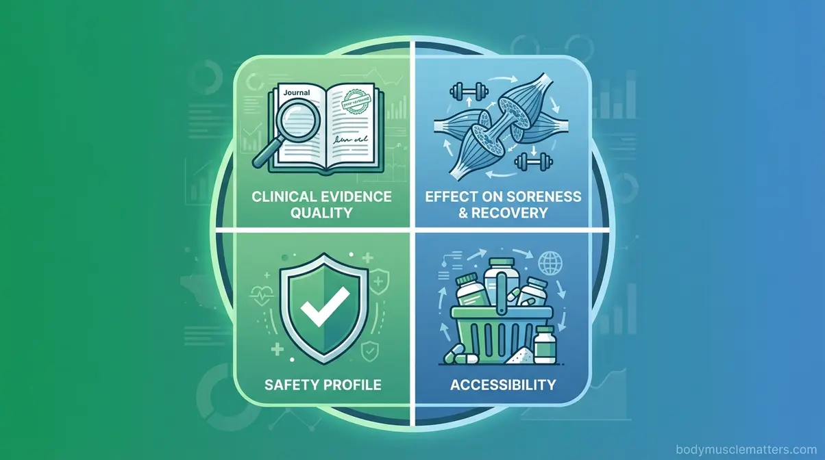 Four-criteria evaluation framework used to rank natural supplements for muscle recovery by clinical evidence