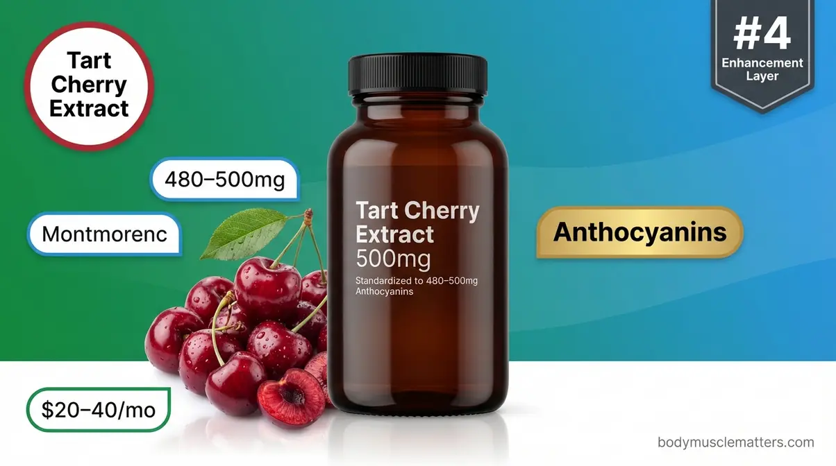 Tart cherry extract supplement bottle with fresh Montmorency cherries for DOMS reduction and natural anti-inflammatory recovery