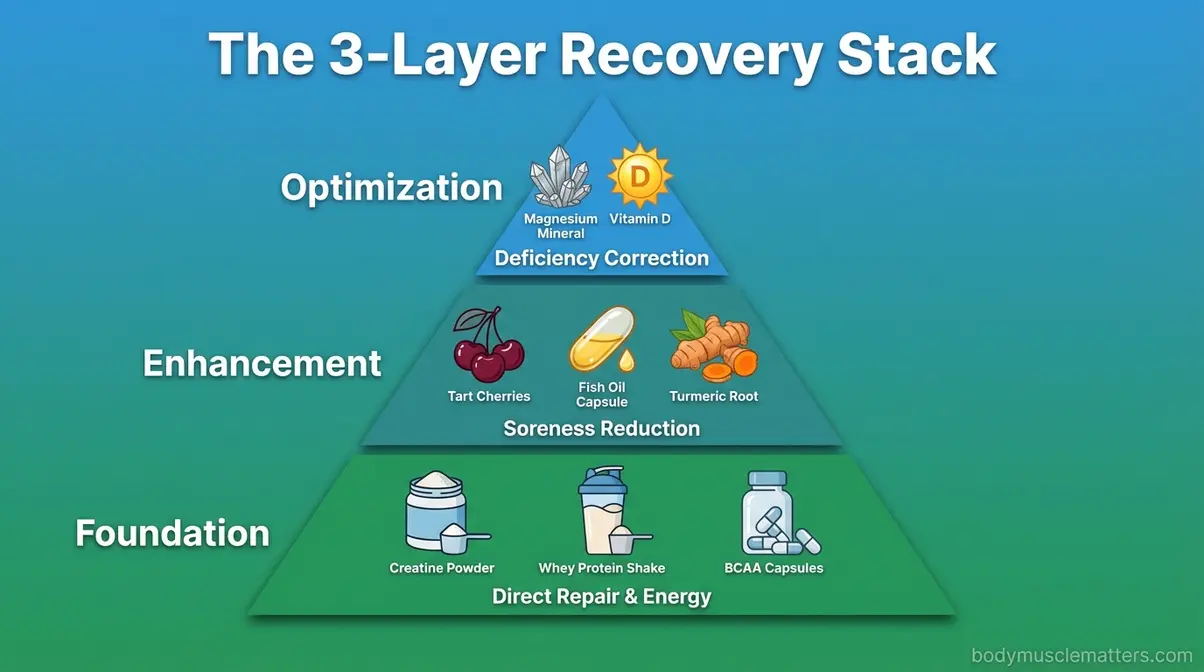 Three-layer recovery stack infographic showing foundation, enhancement, and optimization supplement tiers for natural muscle recovery