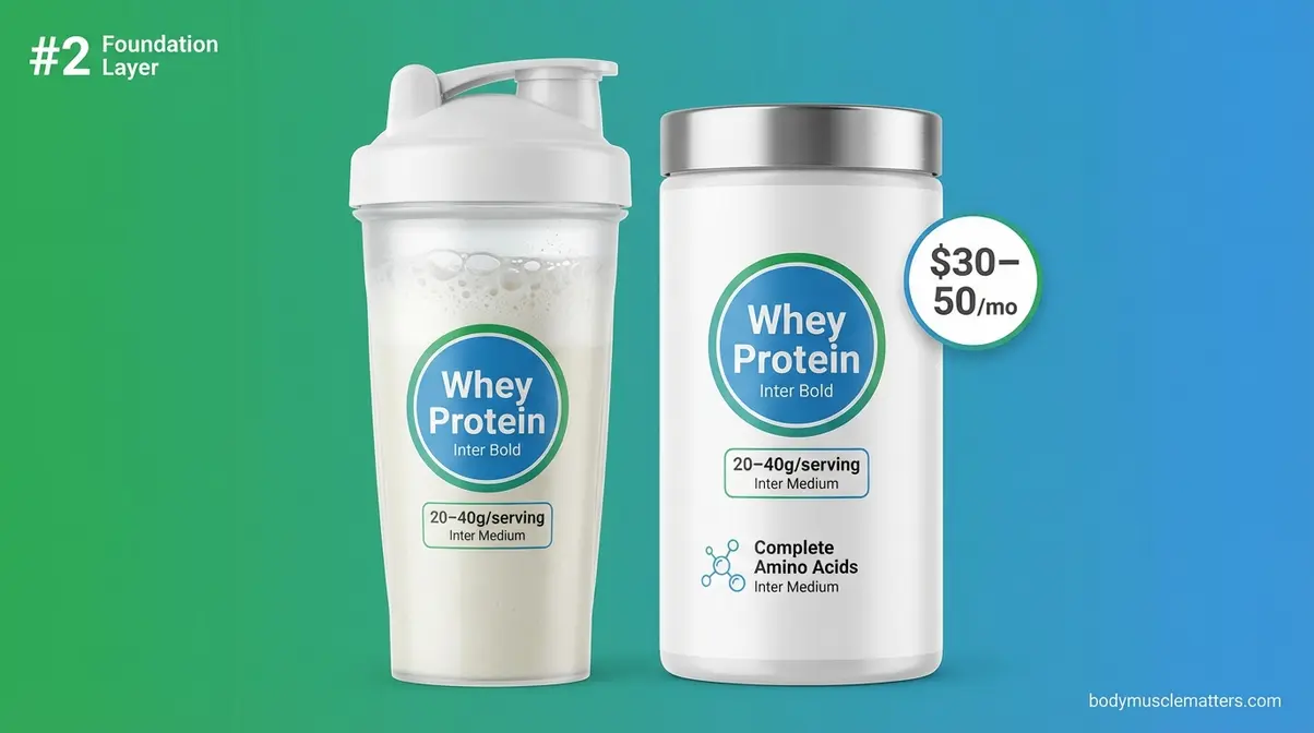 Whey protein supplement shake and container showing complete amino acid source for post-workout muscle repair