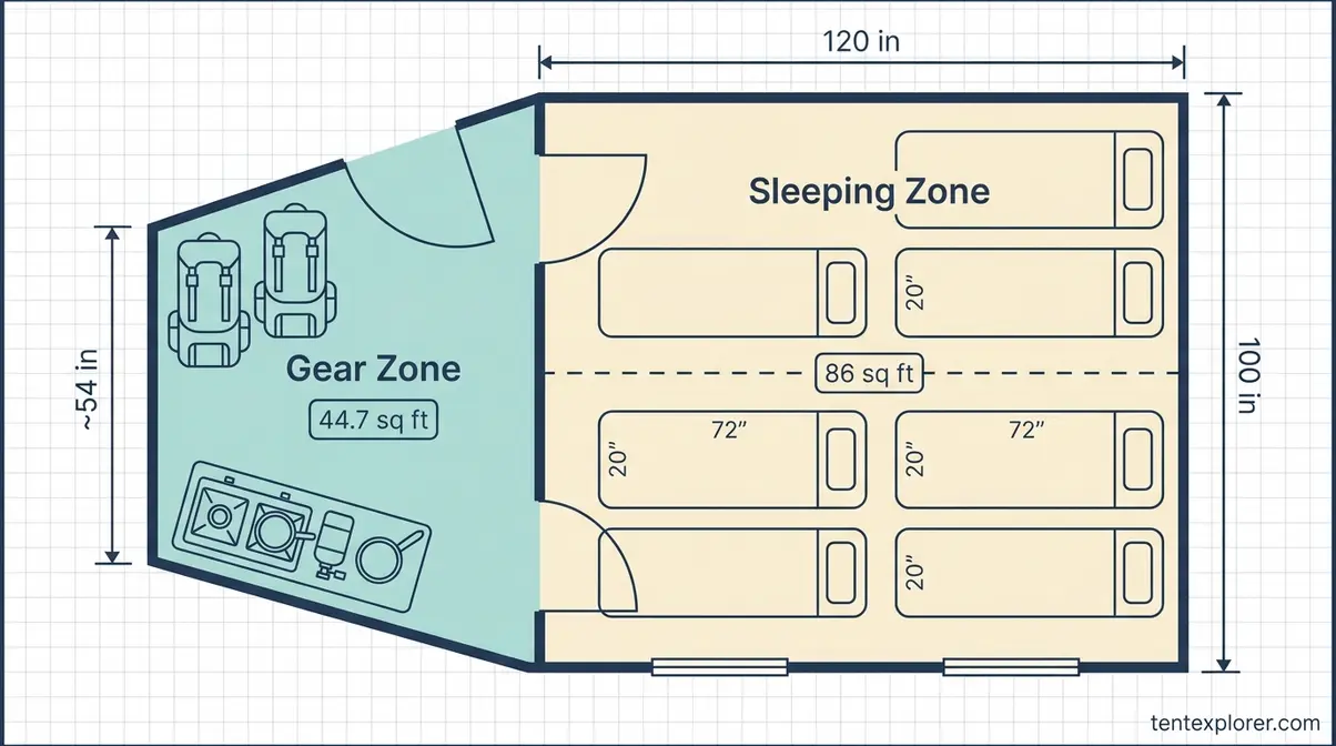 Wawona 6 tent floor plan diagram showing six sleeping pads and vestibule gear storage layout