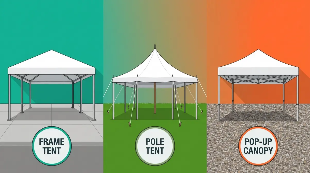 Comparison illustration of frame tent, pole tent, and pop-up canopy types for outdoor party events