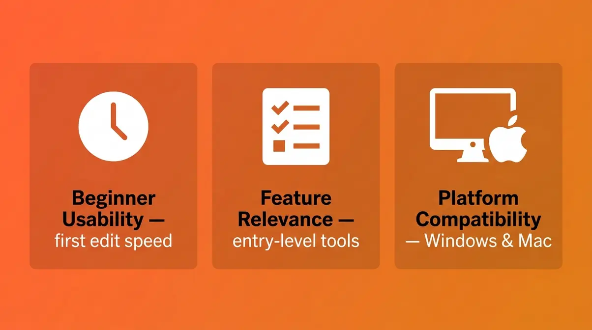 Photo editing software evaluation methodology showing usability, feature relevance, and platform compatibility criteria