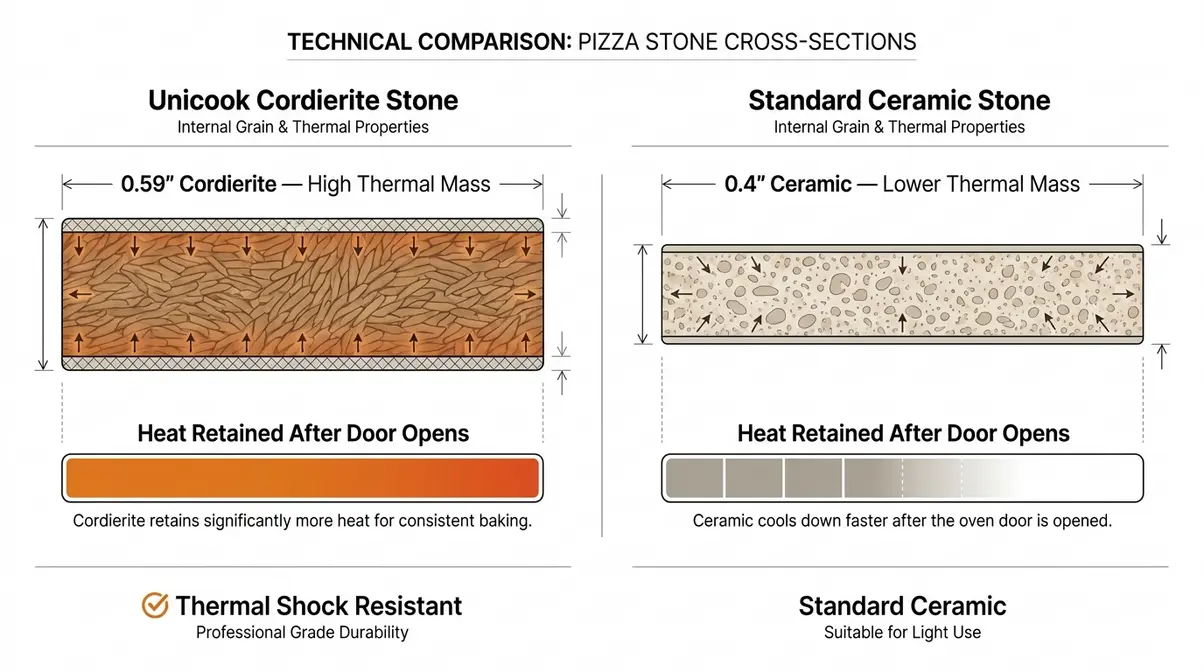 Best Pizza Stone for Home Oven: 6 Tested Picks (2026) 10 Cross-section diagram comparing Unicook cordierite stone thickness versus standard ceramic stone for heat retention