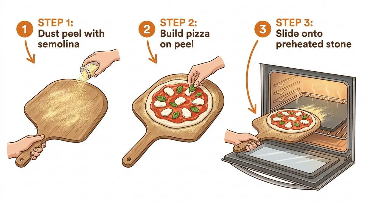 Best Pizza Stone for Home Oven: 6 Tested Picks (2026) 12 Step-by-step diagram showing how to use a wooden pizza peel to slide pizza onto a hot cordierite stone