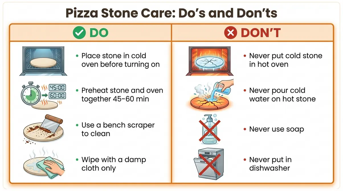 Best Pizza Stone for Home Oven: 6 Tested Picks (2026) 17 Illustrated do and don't infographic for pizza stone care covering correct preheat method and banned cleaning practices