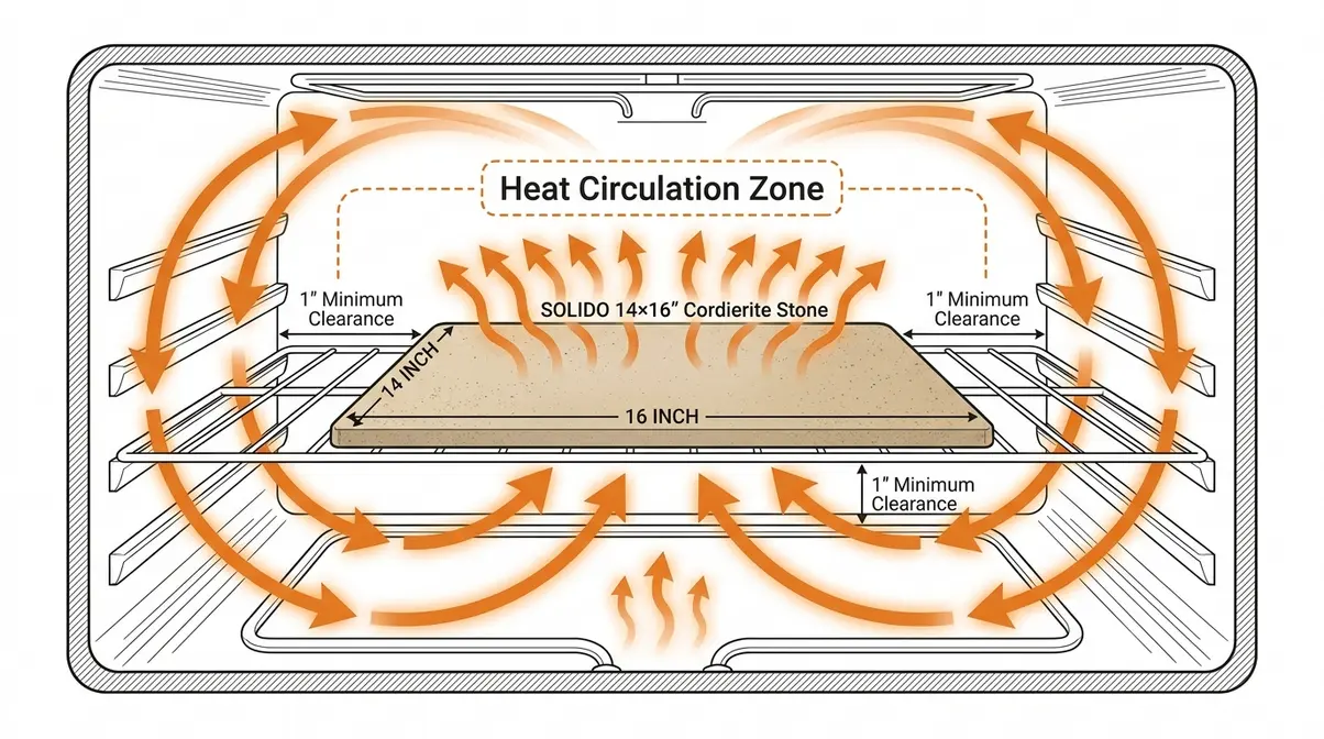 Best Pizza Stone for Home Oven: 6 Tested Picks (2026) 8 Diagram of SOLIDO rectangular pizza stone on oven rack showing heat circulation and clearance spacing