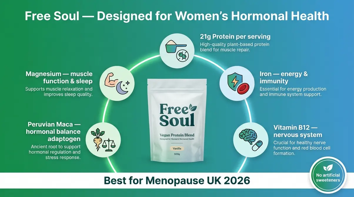 Free Soul Vegan Protein Blend UK nutrient profile infographic showing micronutrients for menopause and women's hormonal health