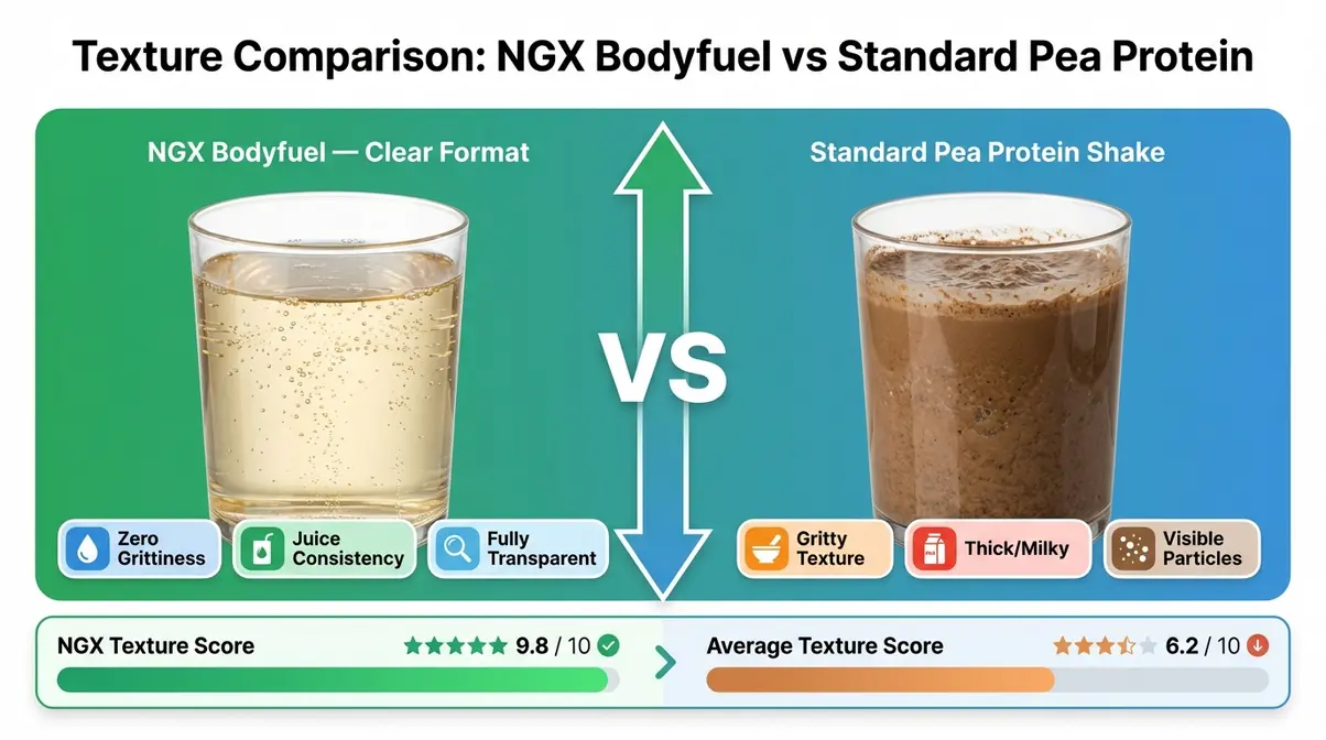 NGX Bodyfuel plant protein UK texture and mixability diagram compared versus standard pea protein shake consistency