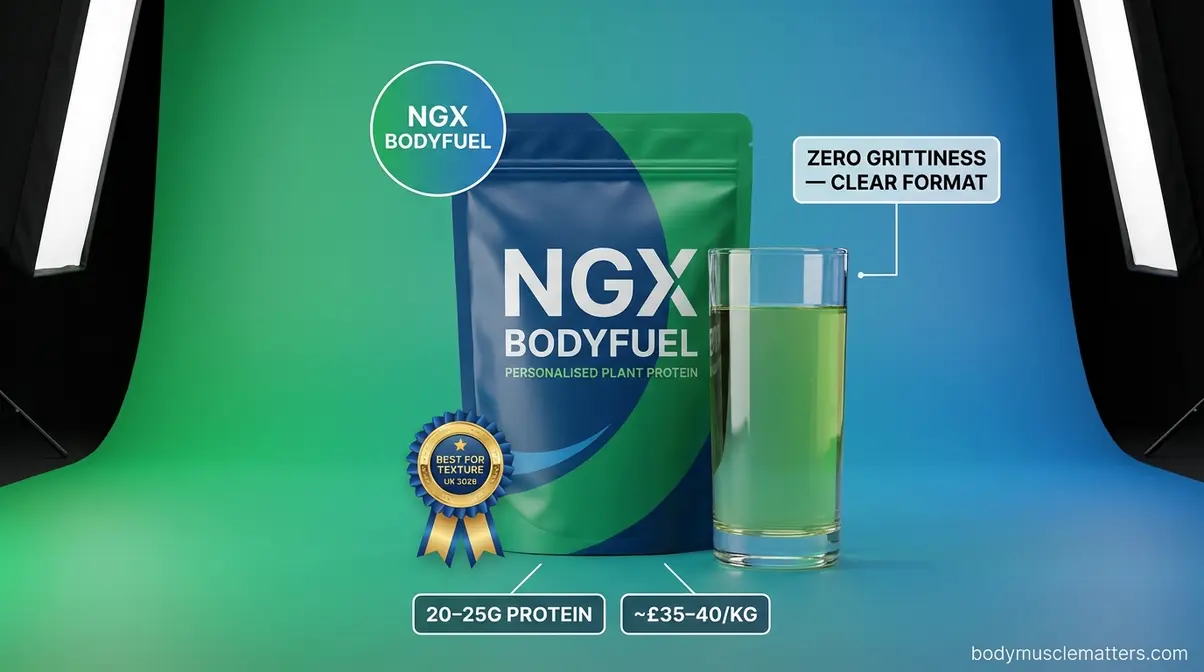 NGX Bodyfuel plant protein pouch with clear juice-like mixed drink showing zero-grittiness texture UK pick