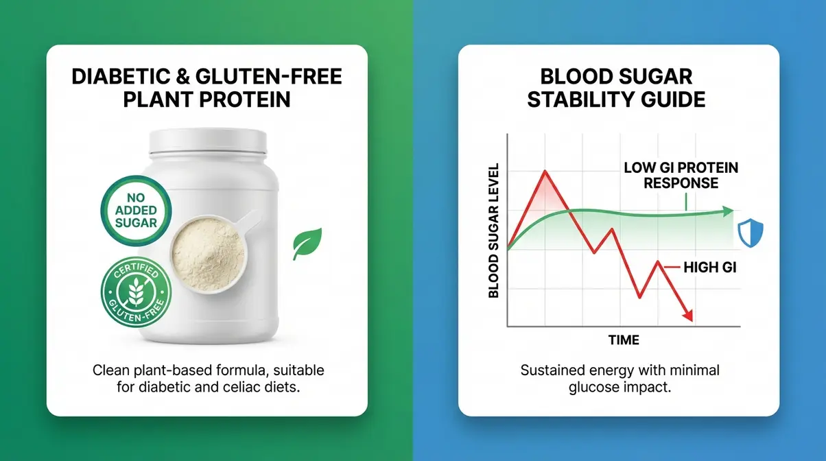 Plant-based protein powder UK guide for diabetics and gluten-free buyers showing low GI and certified clean criteria
