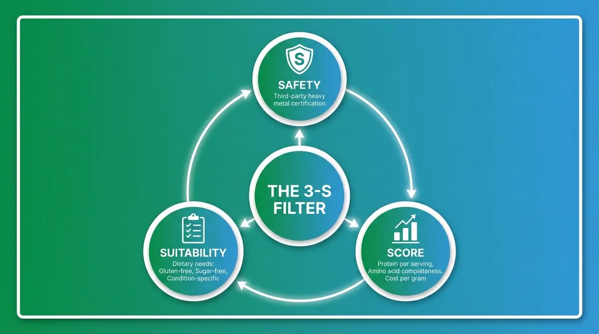 The 3-S Filter framework diagram showing Safety, Suitability, and Score criteria for choosing plant-based protein powder UK