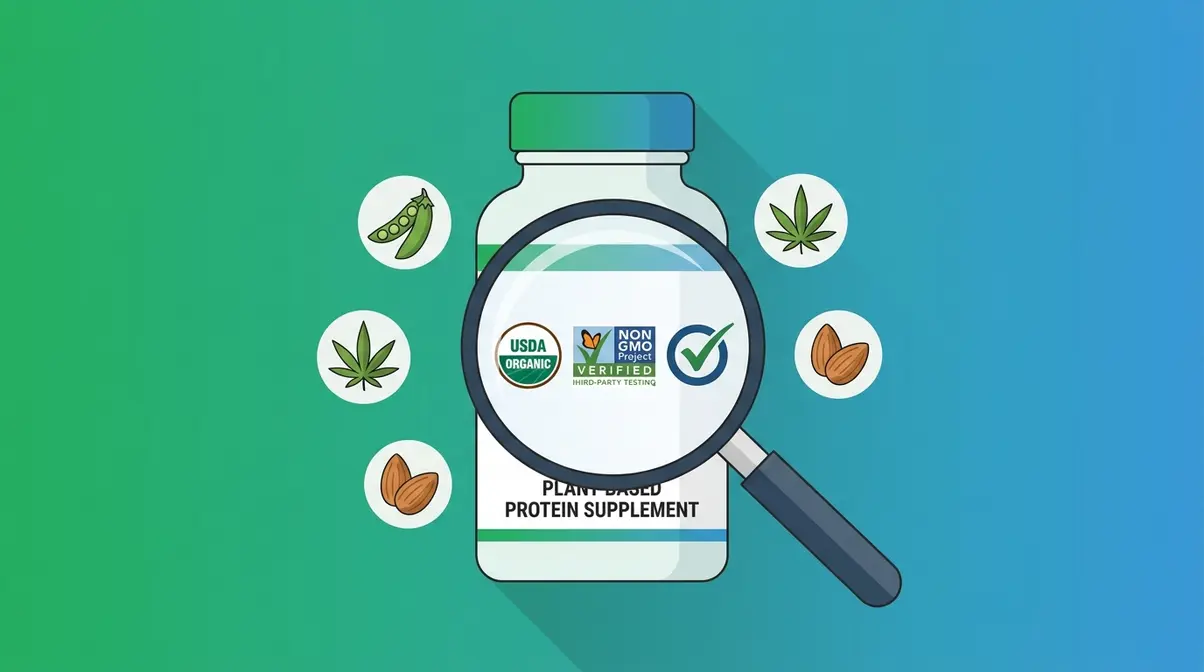 Plant-based protein powder buying guide showing label certifications and protein source icons