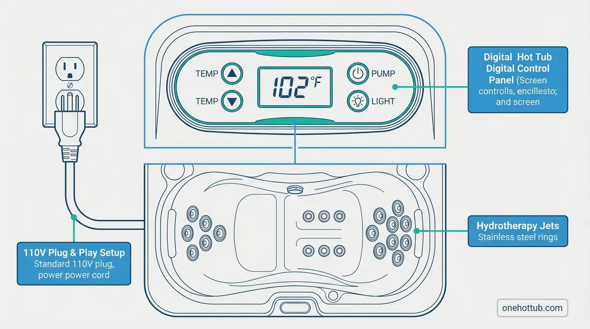 Top-rated plug and play hot tub showing control panel and jet layout on 110V outlet setup