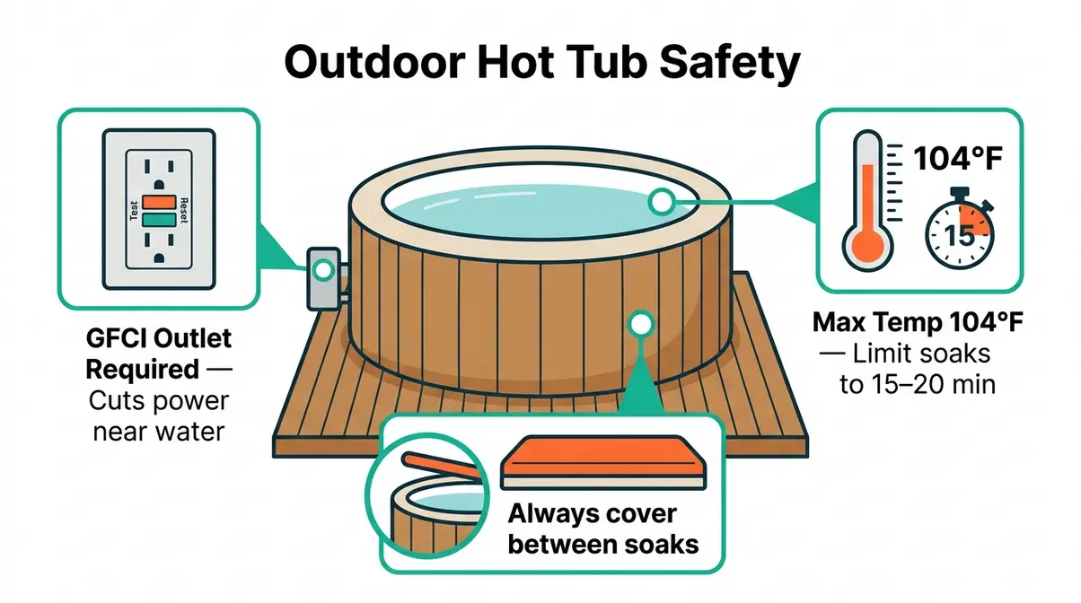 Best Plug and Play Hot Tubs: 5 Tested Picks (2026) 10 Hot tub safety infographic showing GFCI outlet requirement, 104 degree temperature limit, and cover usage