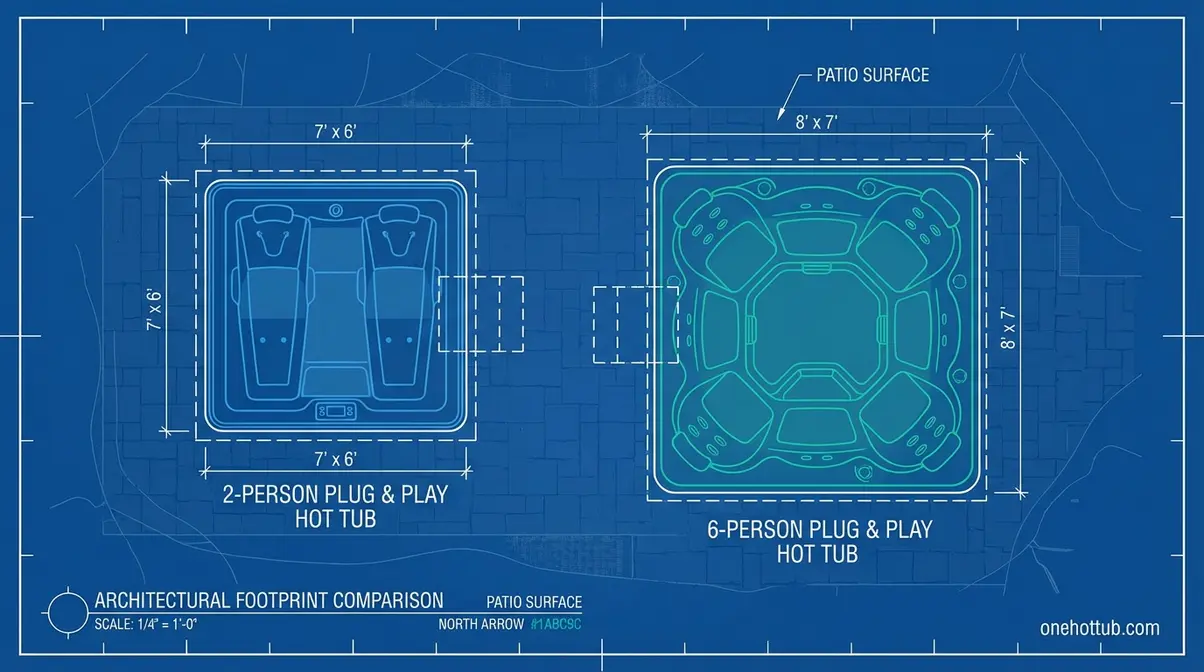 Side-by-side size comparison of 2-person and 6-person plug and play hot tubs showing footprint dimensions